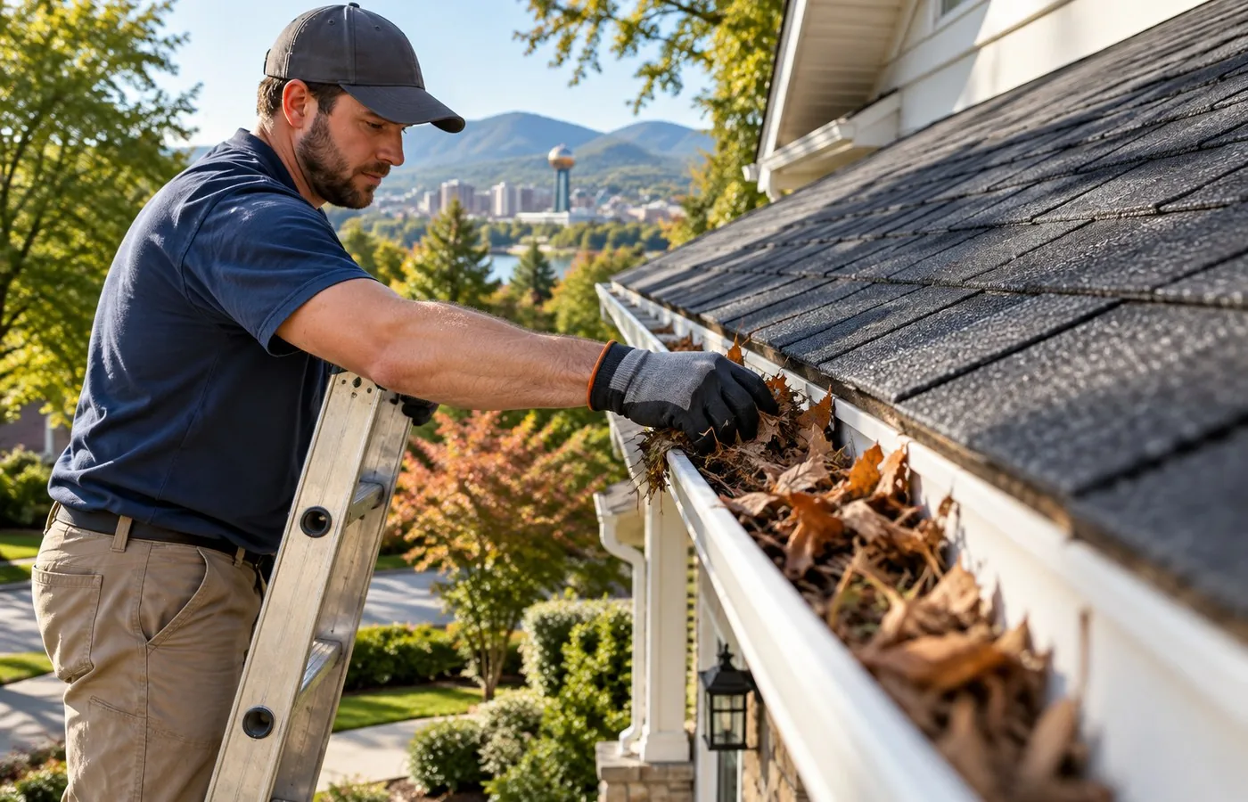 Professional gutter cleaning on a Knoxville residential home